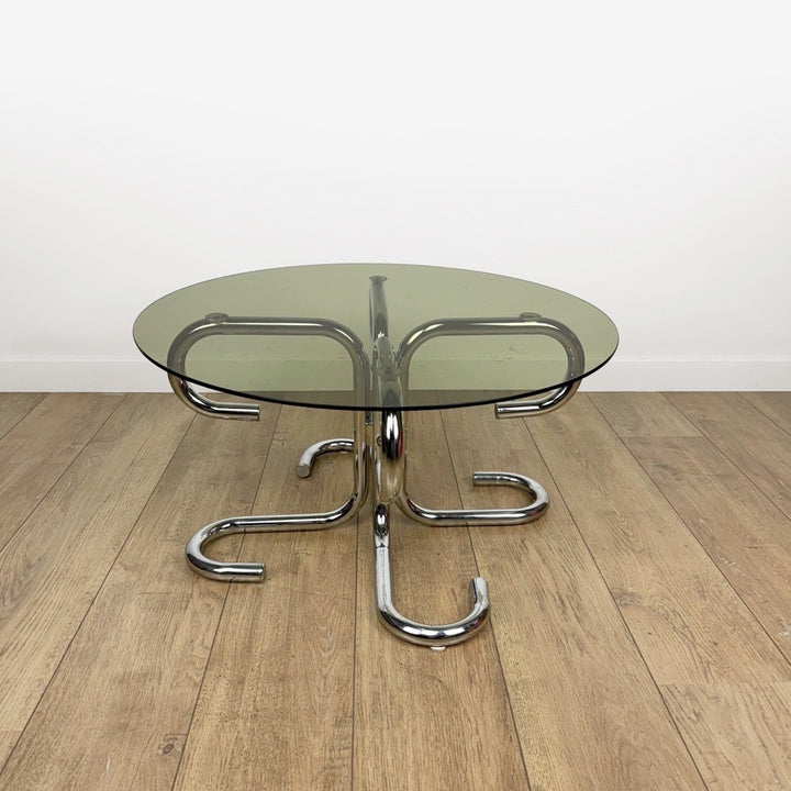 Table basse design tubulaire chrome et verre fumé Italie 70's