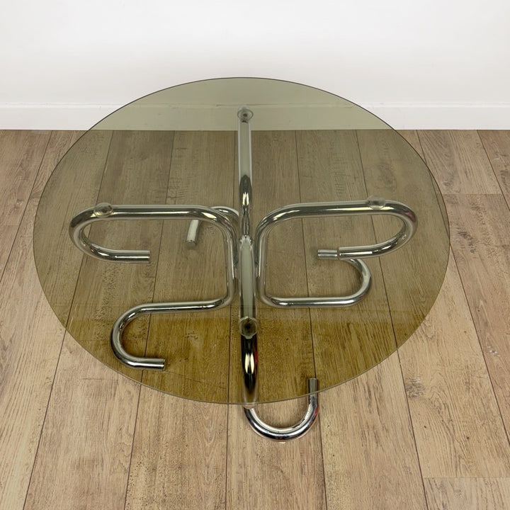 Table basse design tubulaire chrome et verre fumé Italie 70's