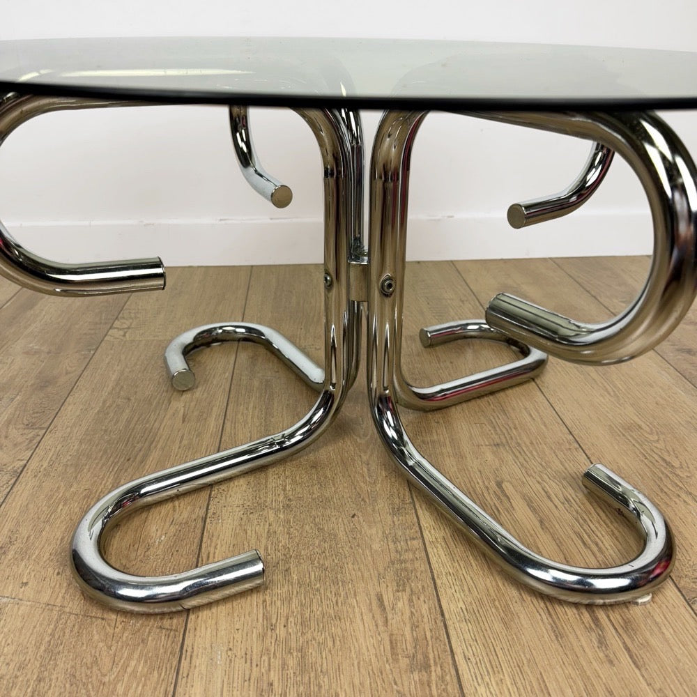 Table basse design tubulaire chrome et verre fumé Italie 70's