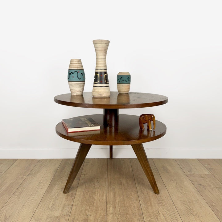 Guéridon table tripode double plateaux ronds bois Mid-Century