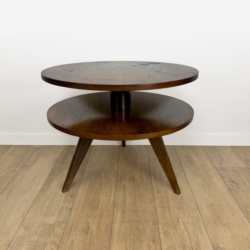 Guéridon table tripode double plateaux ronds bois Mid-Century