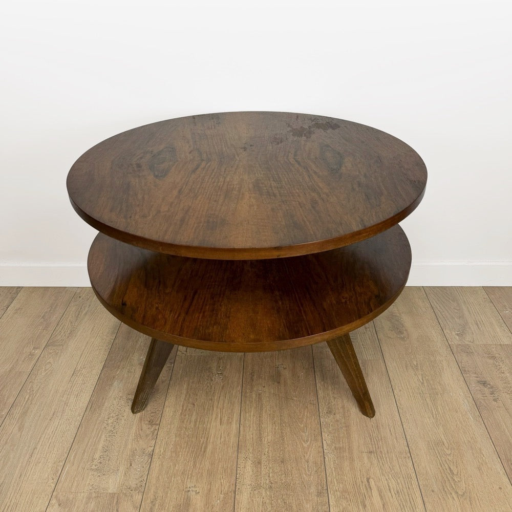 Guéridon table tripode double plateaux ronds bois Mid-Century