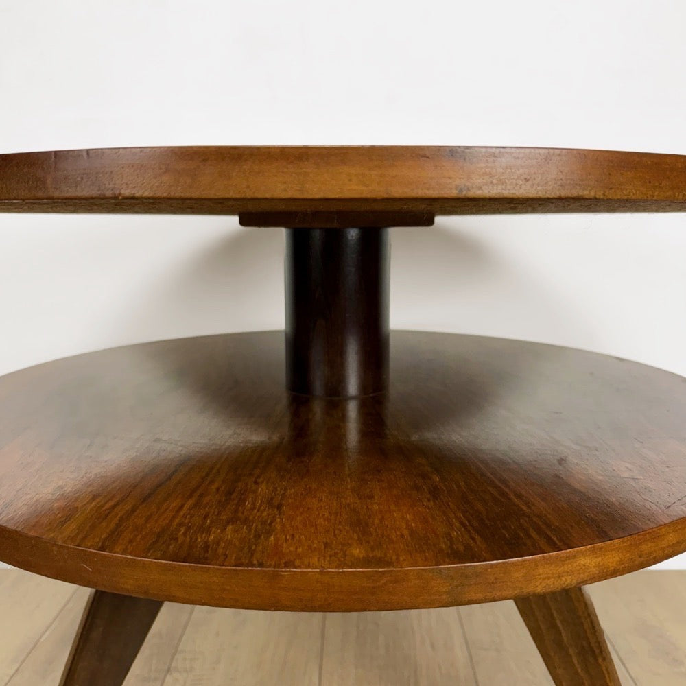 Guéridon table tripode double plateaux ronds bois Mid-Century