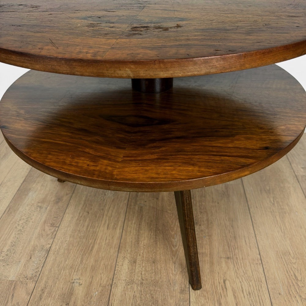 Guéridon table tripode double plateaux ronds bois Mid-Century