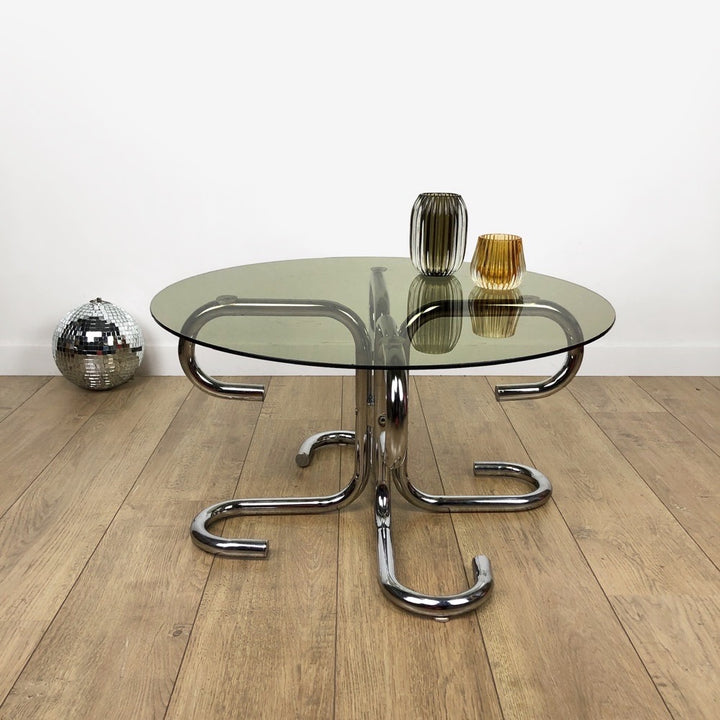 Table basse design tubulaire chrome et verre fumé Italie 70's