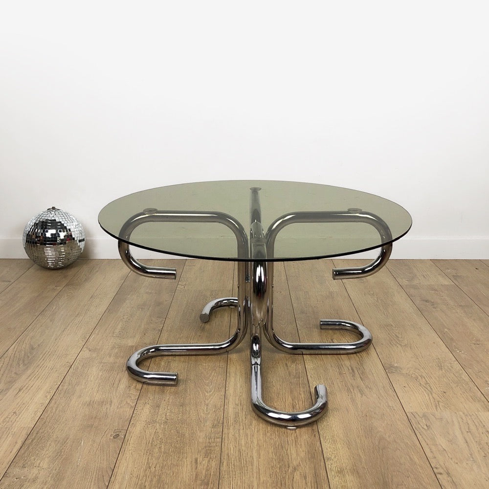 Table basse design tubulaire chrome et verre fumé Italie 70's