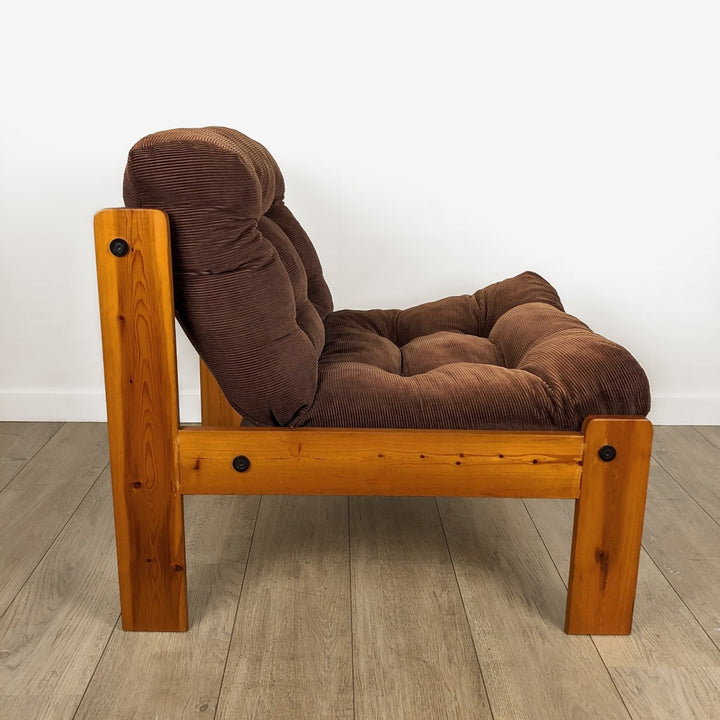 Fauteuil chauffeuse scandinave en pin années 70